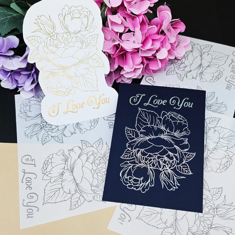 JBQUEEN 3pc I Love You Flower Stick&Shine Foil Transfer Sticker Paper for Handmade Card Making Scrapbooking and Album Journal Invitation Decoration Metallic Hot Foil Transfer Printing Adhesive Sheets - Image 1